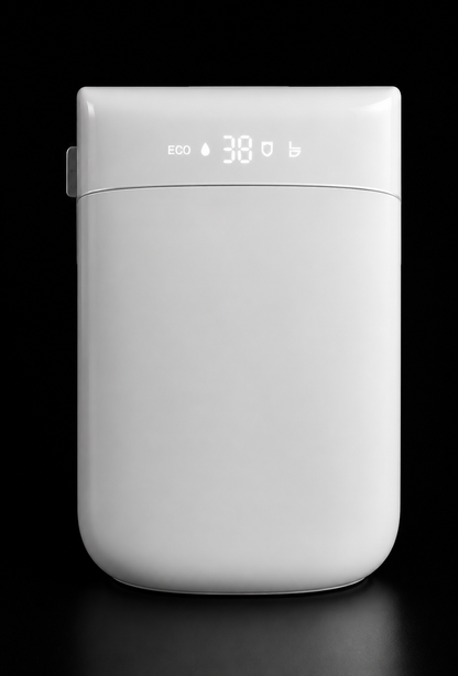 A white portable power bank with a minimalist digital display showing 'ECO 38' and battery icons, set against a solid black background.