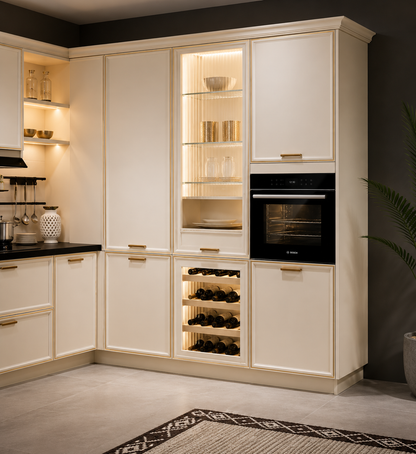Cream-colored kitchen cabinetry with integrated features, including a built-in Bosch oven, glass-front display shelving with warm lighting, and a wine rack, set against a dark gray wall.