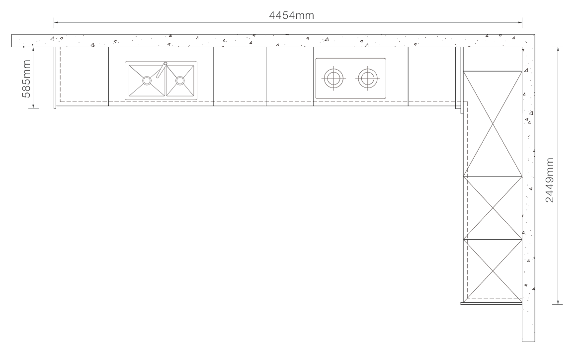 A black-and-white technical dimension drawing of a rectangular shelving unit or cabinet layout, with measurements labeled 4454mm, 2449mm, and 585mm.