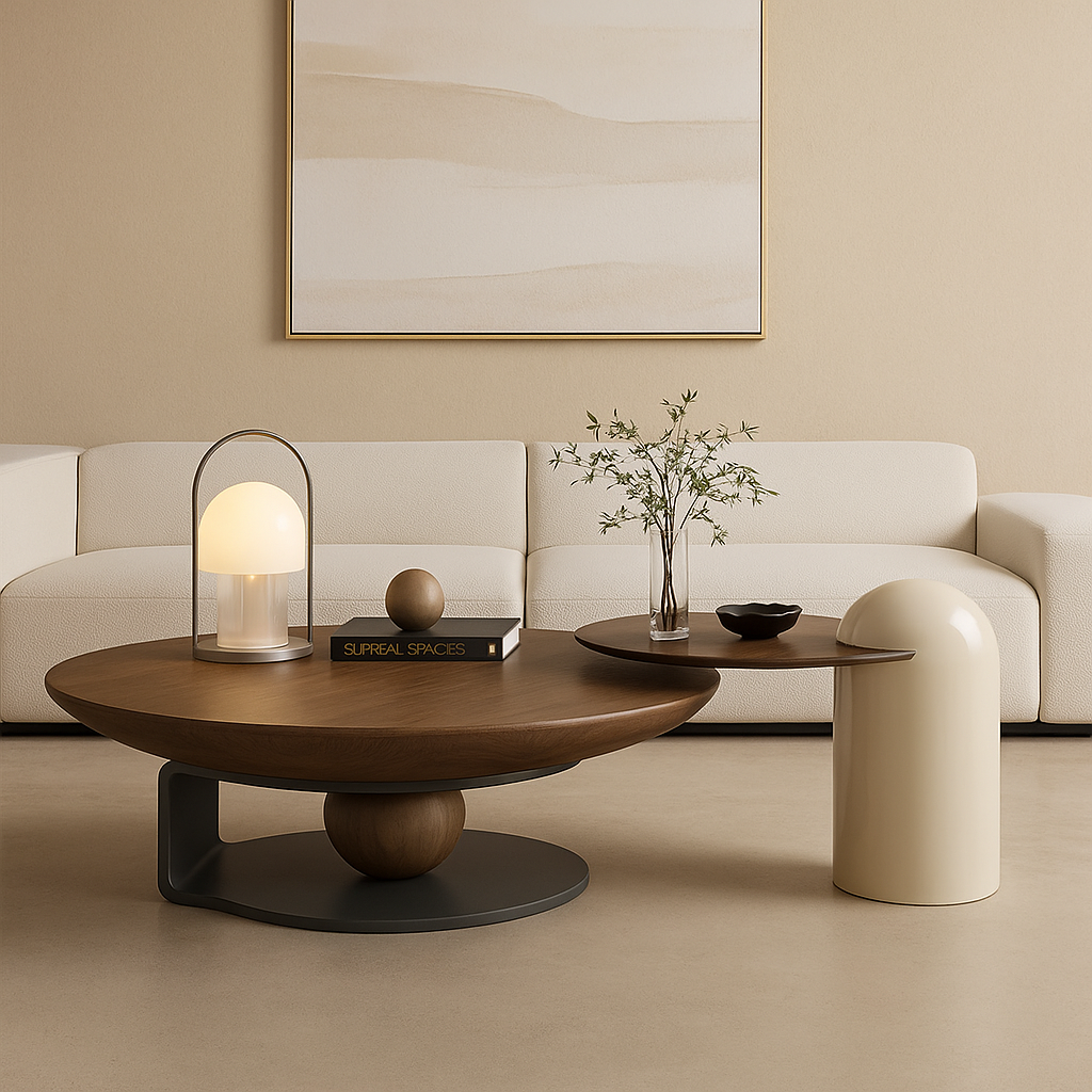 Modern living room with a beige sofa, wooden coffee table, and decorative items.