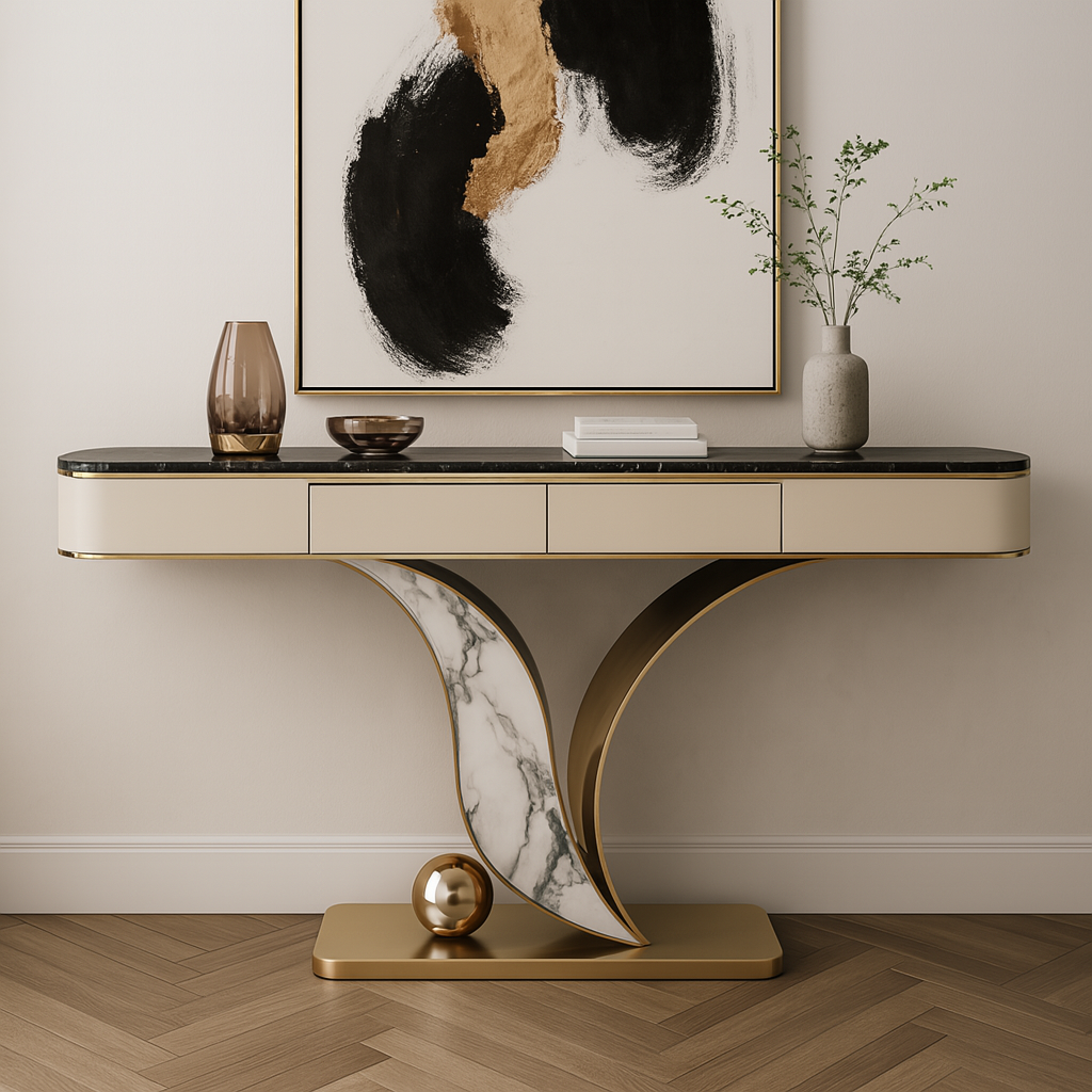 Modern console table with marble base and gold accents in a stylish room.