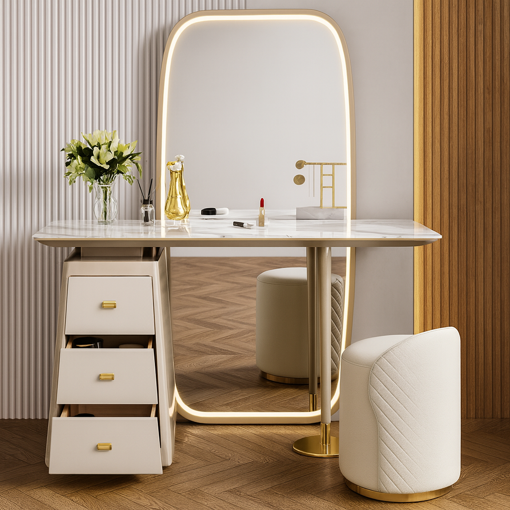Dressing table with marble top, gold frame mirror, and white drawers in a room.