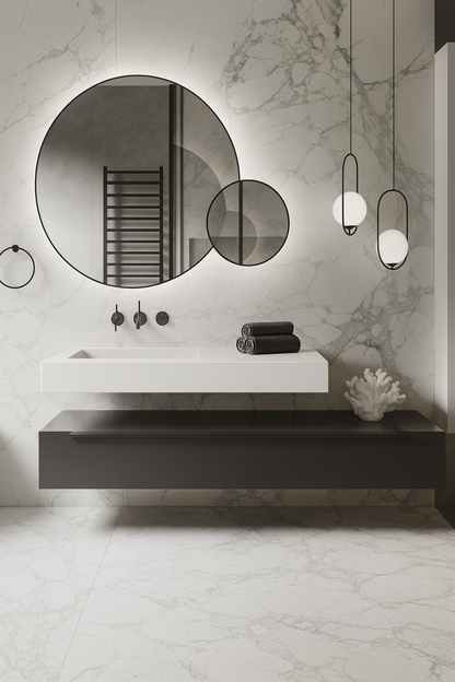 Sivelle ultra-modern floating vanity with white integrated basin, matte black shelf, circular backlit mirror, and marble wall backdrop – SAIBA Homes.