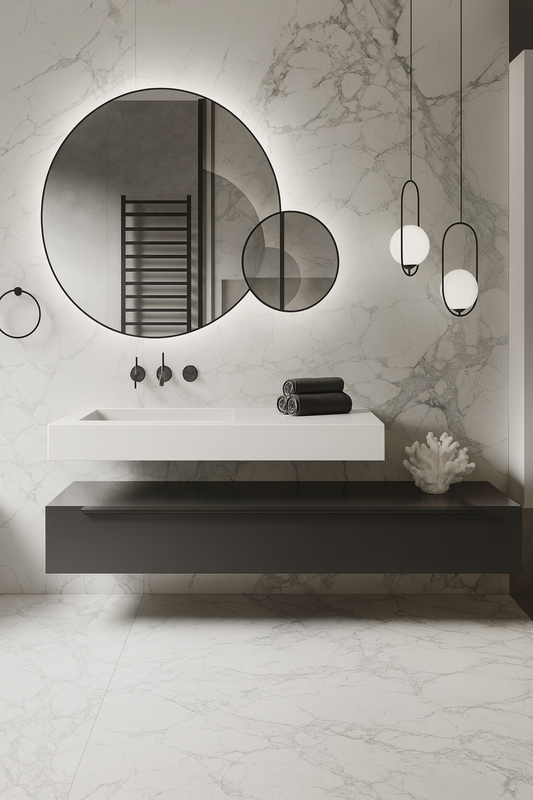 Sivelle ultra-modern floating vanity with white integrated basin, matte black shelf, circular backlit mirror, and marble wall backdrop – SAIBA Homes.