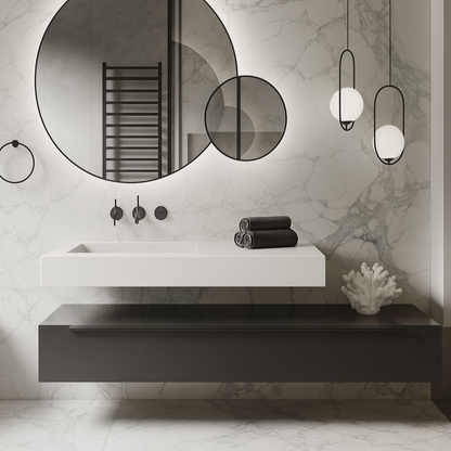 Floating white rectangular basin with integrated sink. Matte black extended bathroom vanity shelf for storage and décor
