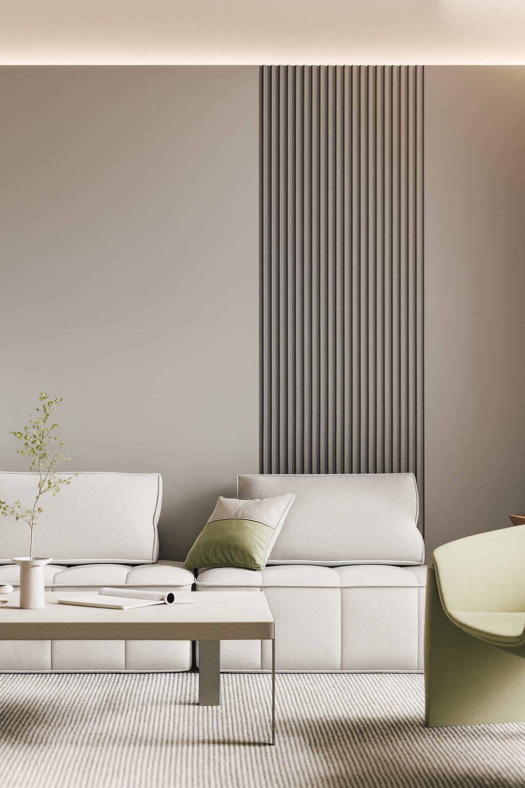 Solid-colour hollow fluted wall panel installed in a modern minimalist living room. SAIBA Homes