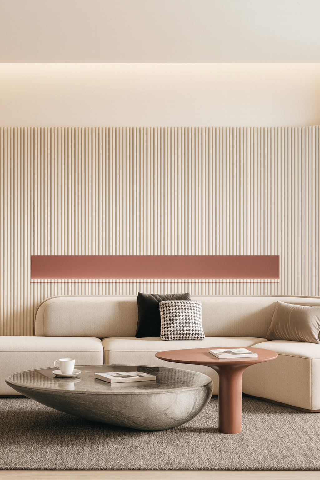 Cream solid-colour fluted panel behind a sofa with soft ambient lighting.