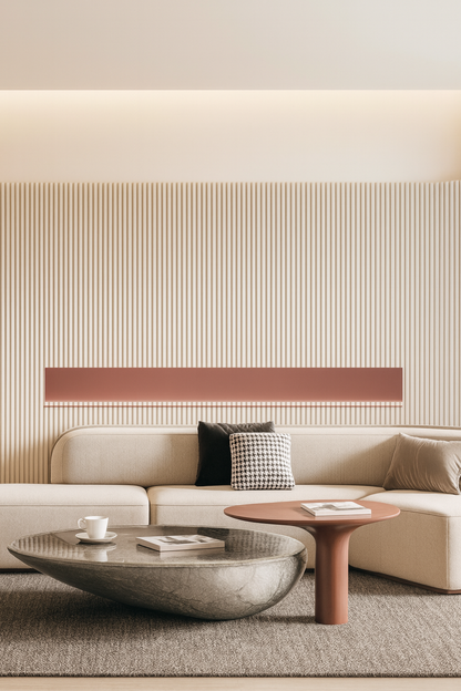 Cream solid-colour fluted panel behind a sofa with soft ambient lighting.