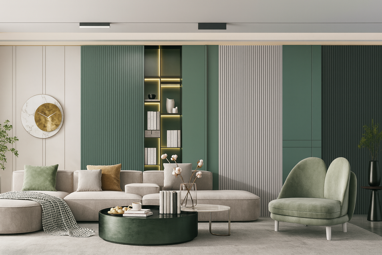 Green and gray solid-colour hollow fluted wall panel installed in a modern, high-end contemporary living room.