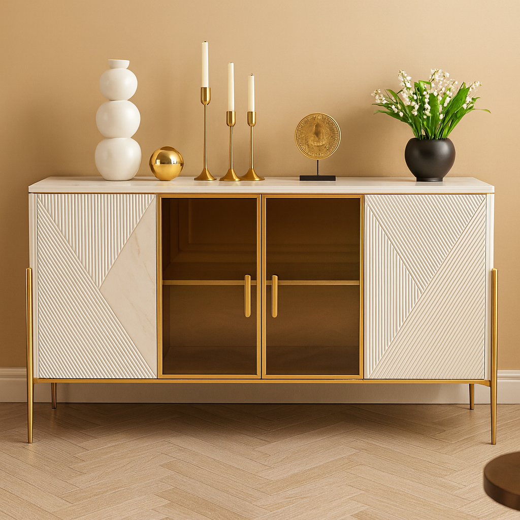 Beige and white console with gold accents and glass cabinetry in a room with decorative items.
