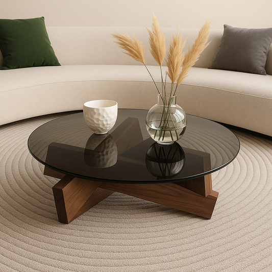 Round glass coffee table with wooden base in a living room setting