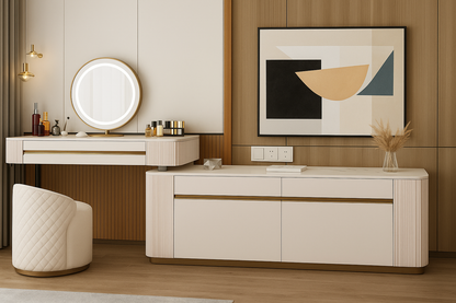 Modern interior with a vanity table, chair, and wall art in a room.