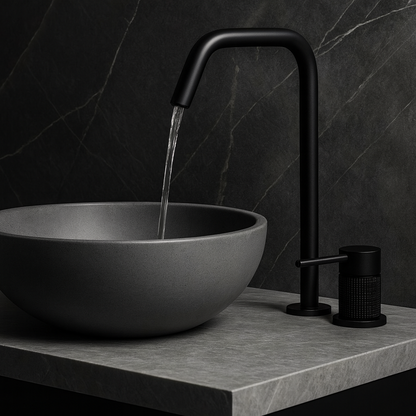 Matte Black Tall Bathroom Faucet with modern vessel sink on dark stone vanity