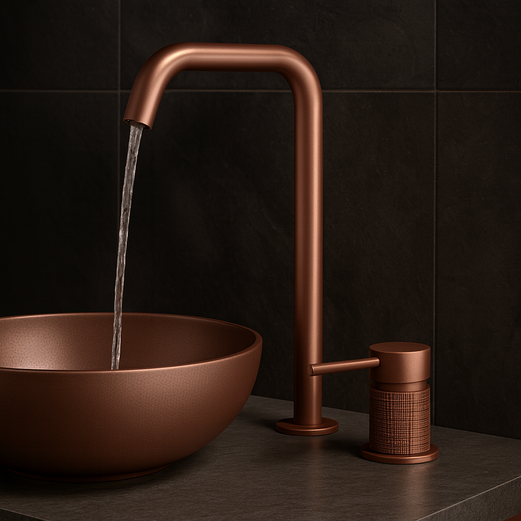 Rose Gold Minimalist Tall Faucet with vessel sink in luxury bathroom