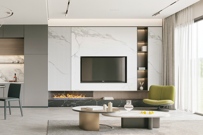 Stone Edition fluted panels installed in a modern living room feature wall. SAIBA Homes