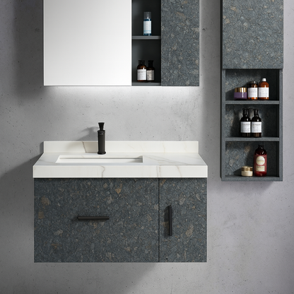 Bathroom vanity stone-textured cabinet doors with matte black handles