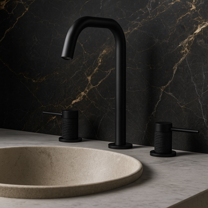 Matte Black Stravaro three-piece solid-brass faucet with modern vessel sink and dark stone vanity