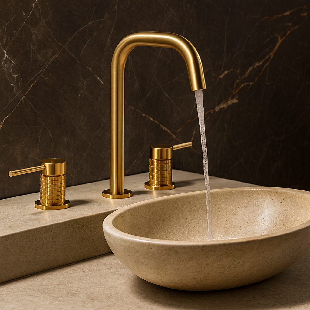 Brushed Gold Stravaro faucet running water into a stone vessel sink – premium design