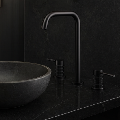 Black Stravaro faucet set with tall spout and elegant handles on luxury marble countertop