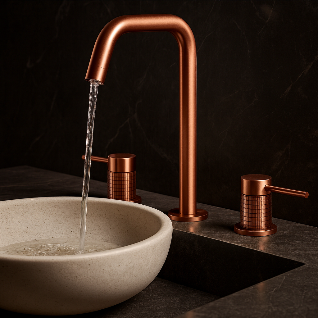 Bathroom Faucet – Rose Gold finish with textured dual handles beside vessel sink