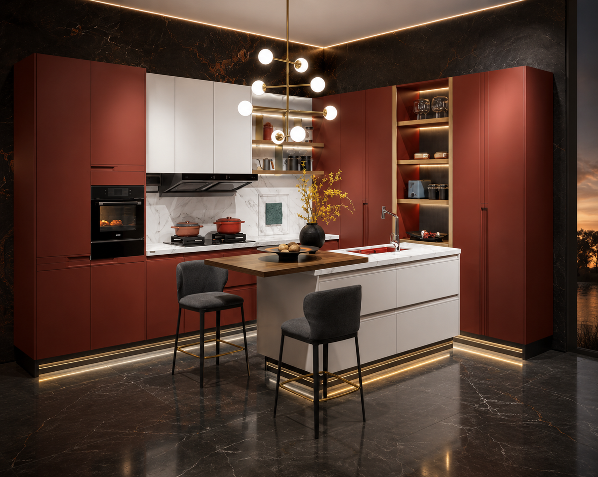 A modern kitchen interior with tall cabinetry in a muted brick red color, white upper and island cabinets, dark marble flooring, two bar stools, pendant lights, and built-in appliances.
