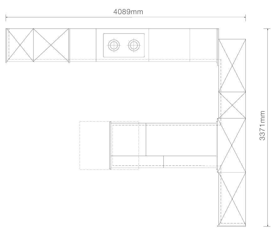 A black-and-white technical line drawing showing the dimensions of a kitchen layout, with measurements 4089mm across the top and 3371mm along the right side.