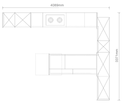 A black-and-white technical line drawing showing the dimensions of a kitchen layout, with measurements 4089mm across the top and 3371mm along the right side.