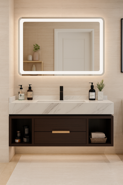 Tavare wall-mounted vanity with marble-look integrated basin, walnut base cabinet, open shelving, and illuminated rectangular mirror – SAIBA Homes.