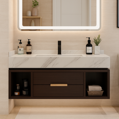 Walnut cabinet base with soft-close centre drawer. Marble-look integrated countertop with rectangular basin