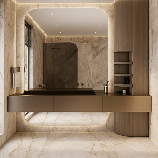 Tavisse wall-mounted vanity with integrated double basin, sculpted curved storage tower, matte champagne cabinetry, and soft backlit marble walls – SAIBA Homes.