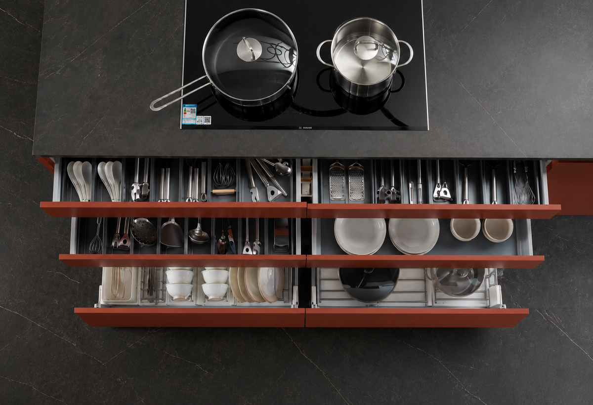 An overhead view of a modern kitchen cabinet with two open lower drawers organized with cookware and dishes, set beneath a black induction cooktop on a dark stone floor.