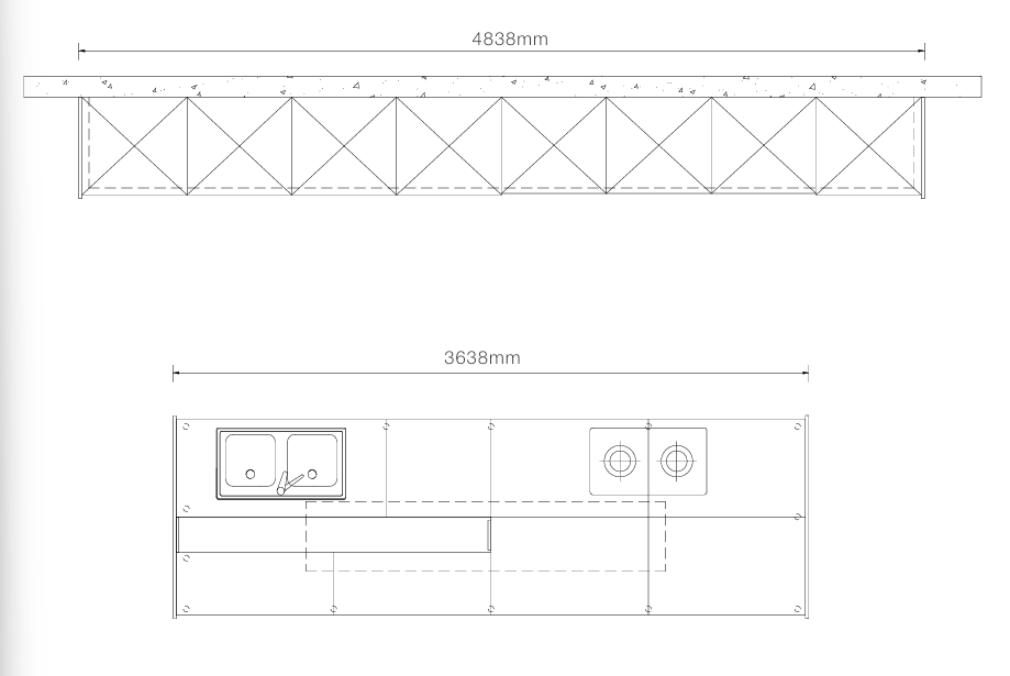 Technical dimension drawing of a metal truss rack system, showing a side profile view with a width dimension of 4838mm and a top view with a width dimension of 3638mm.