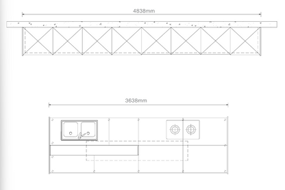Technical dimension drawing of a metal truss rack system, showing a side profile view with a width dimension of 4838mm and a top view with a width dimension of 3638mm.