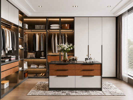 A modern walk-in closet room with built-in cabinetry, open shelving, hanging garments, and a central island desk with wood and white panels, shown in a clean interior setting.