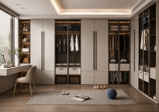 A modern walk-in closet room with built-in cabinetry, glass doors, hanging garments, shelves, a vanity desk, a chair, a rug, and a blue ball on the floor.