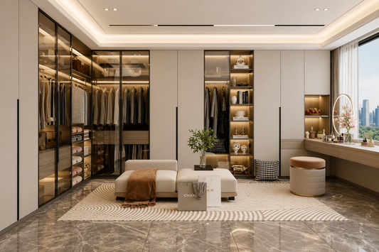 A luxury modern walk-in closet room with beige cabinetry, glass doors, built-in shelving, a light beige sofa, a white coffee table, a striped area rug, and a vanity desk by a large window.