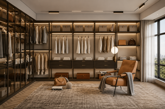 A luxury walk-in closet room with extensive shelving, hanging garments, drawers, and a brown leather armchair on a textured rug, photographed in a bright, modern interior.