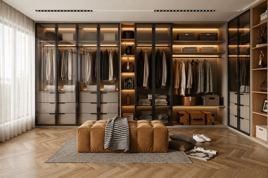 A modern walk-in closet room with built-in glass-front cabinets, warm under-cabinet lighting, hanging clothing, shelves, and a tan tufted bench centered on a herringbone wood floor.