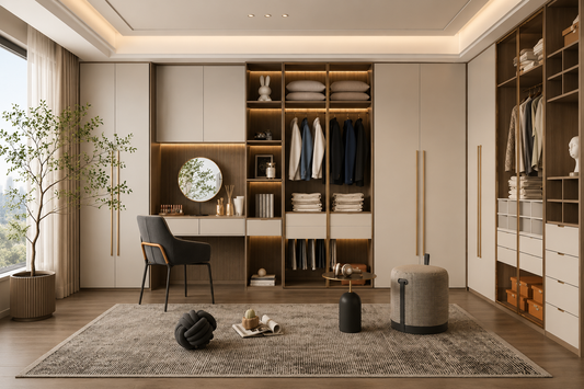 A modern, luxurious walk-in closet room featuring a large beige and wood custom wardrobe system with shelves, hanging rods, and drawers. The room is styled with a gray textured rug, a dark gray accent chair, a potted tree, and various home decor accessories.