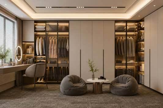 A luxury modern walk-in closet room with beige wardrobe doors, glass-front hangers, built-in desk, chair, and two round gray beanbag chairs on a textured carpet.
