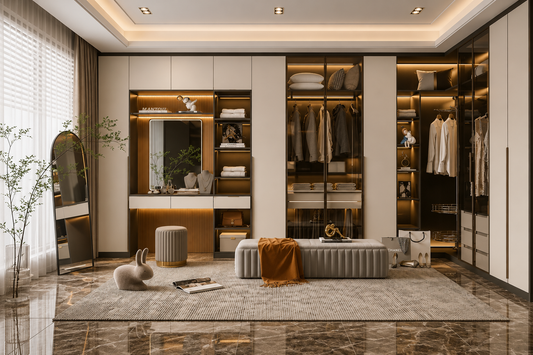 A luxury modern walk-in closet room with beige and wood cabinetry, glass doors, hanging clothes, shelves, a vanity desk, a gray ribbed bench, a mirror, and a marble floor.