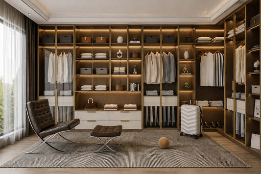 A luxury walk-in closet room with extensive built-in shelving and wardrobe systems in warm wood and white, styled with folded clothing, hanging garments, a leather lounge chair, ottoman, textured rug, and a white suitcase.
