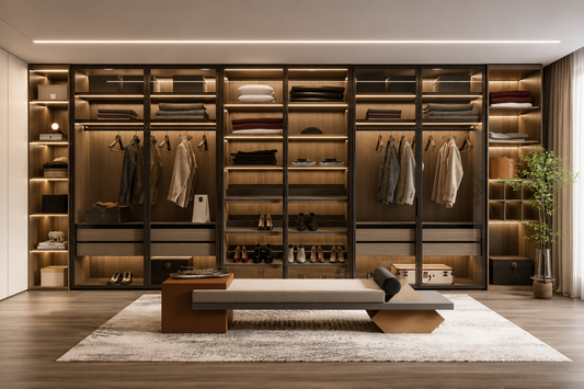 A modern walk-in closet system with dark metal framing and warm LED lighting, filled with folded clothing, shoes, and accessories. A low wooden bench with a gray cushion sits on a light rug in front of the closet.
