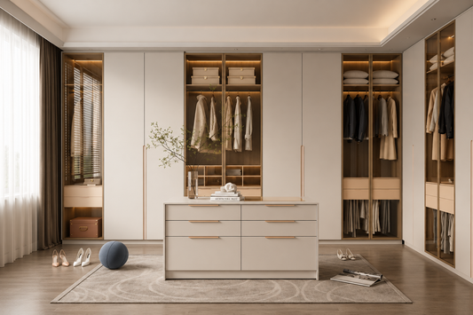 A modern walk-in closet room with cream-colored cabinetry, open shelving with hanging garments, and a matching central storage cabinet on a patterned rug.