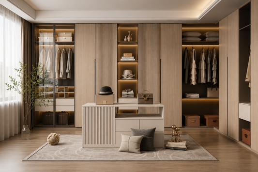 A modern walk-in closet room with light wood cabinetry, open shelving with warm lighting, hanging garments, storage boxes, and a central vanity desk with pillows on a rug.