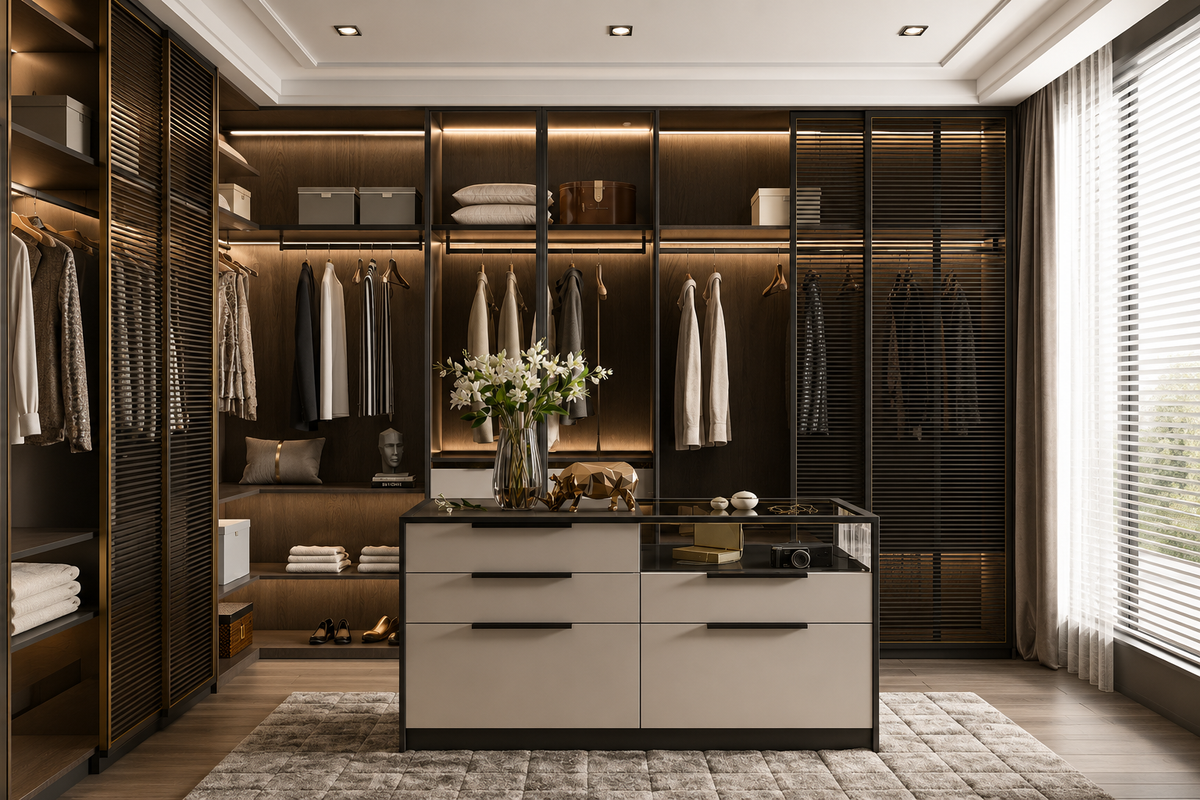 A luxury modern walk-in closet with dark wood slatted walls, built-in shelving, hanging garments, and a central cream-colored storage cabinet with a black countertop, styled with a floral centerpiece.