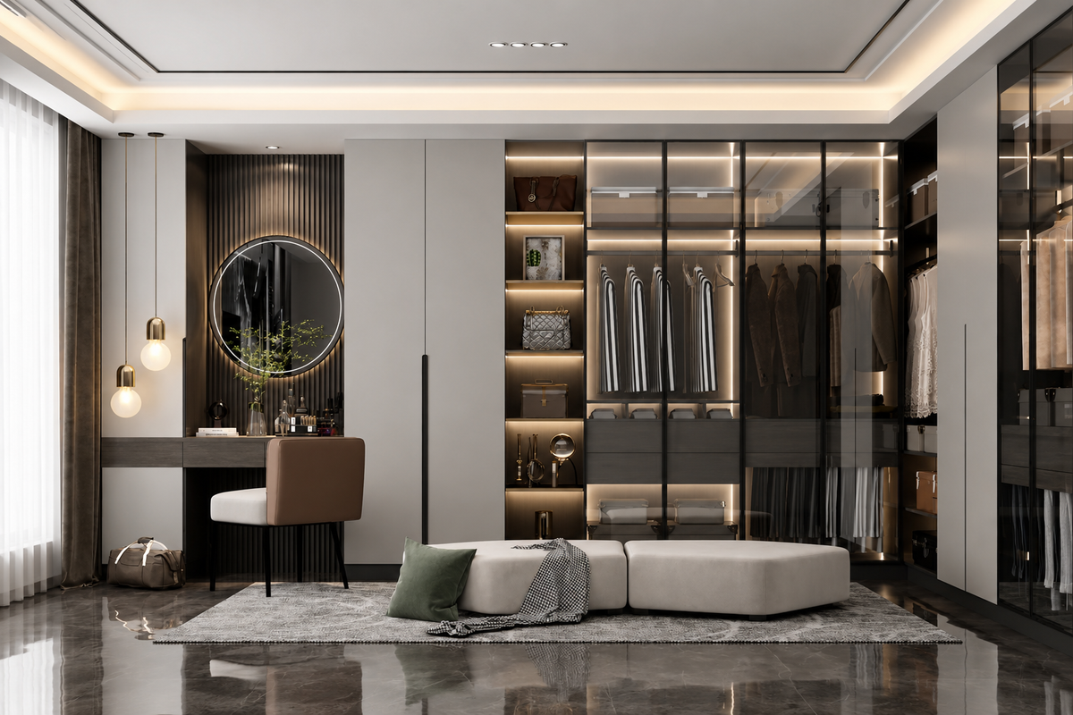 A modern walk-in closet room with built-in shelving, glass doors, hanging garments, a vanity desk with a chair, a round mirror, and a curved bench with pillows in the foreground.