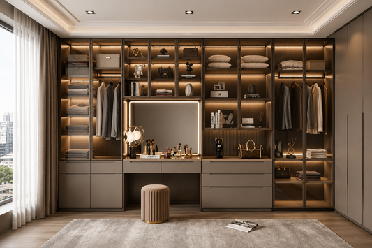 A luxury modern walk-in closet featuring a large built-in vanity cabinet system with integrated shelving, hanging rods, warm LED lighting, a mirror, and a central desk. The room is styled with neutral-toned clothing, accessories, and a ribbed ottoman in front of the vanity, set against a light gray rug and wood flooring.