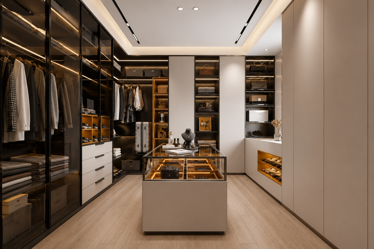 A luxury modern walk-in closet interior with black glass wardrobe doors on the left, beige cabinetry on the right, built-in shelving with warm lighting, and a central glass display case on a light wood floor.