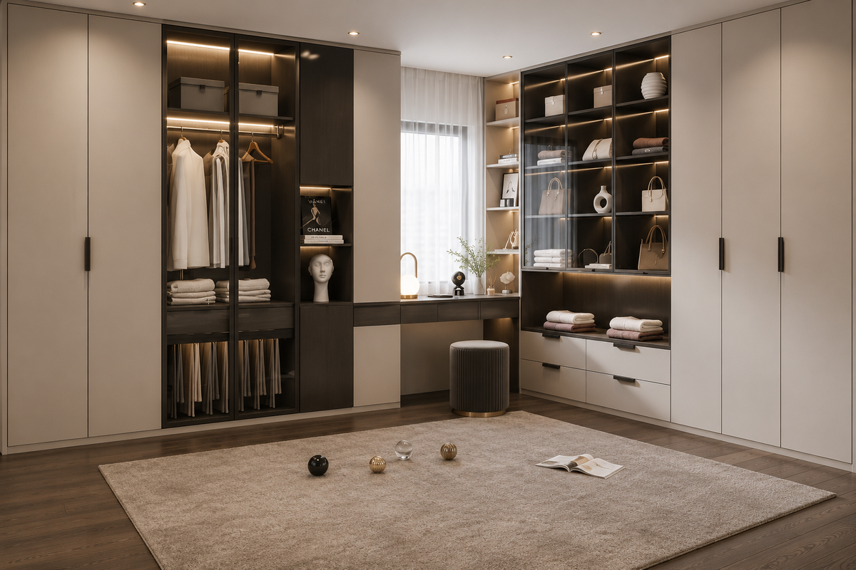 A modern walk-in closet room with large cream-colored wardrobe doors, dark wood shelving and cabinetry, built-in lighting, a desk area, and a light rug on a wood floor.